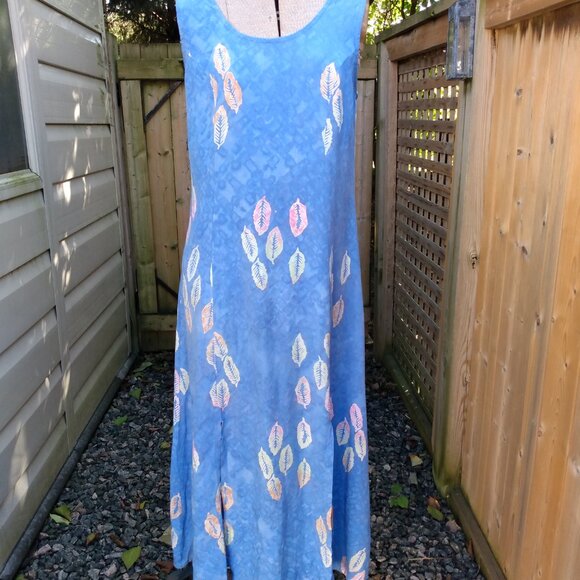Vintage Hawaiian Dress Sz Medium Blue Tropical Leaf Batik Maxi Long Boho Hippy - Picture 2 of 13